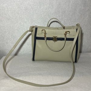 Tommy Hilfiger Taupe Navy Leather Satchel Tote Bag
